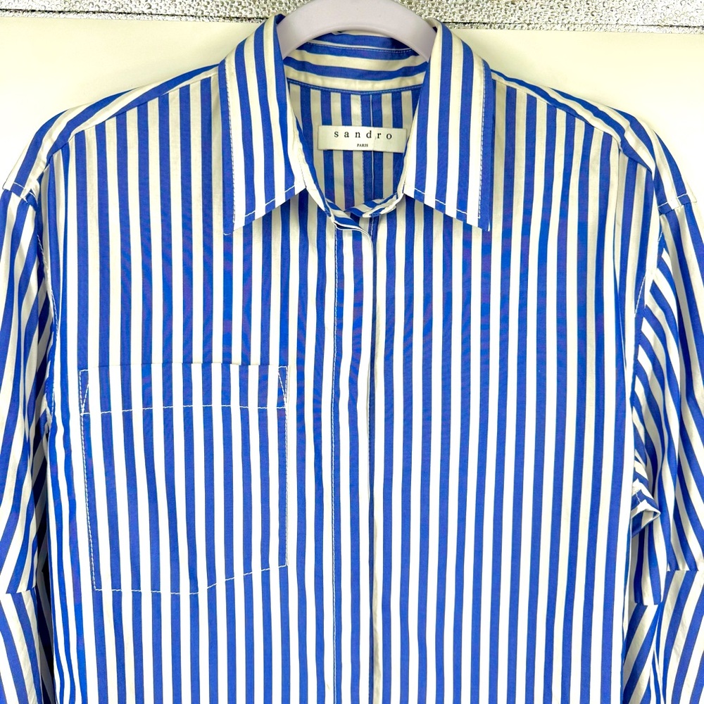 Sandro Paris Women’s Striped Classy Buttoned Shirt in Blue and White Sz Medium. - Picture 2 of 13
